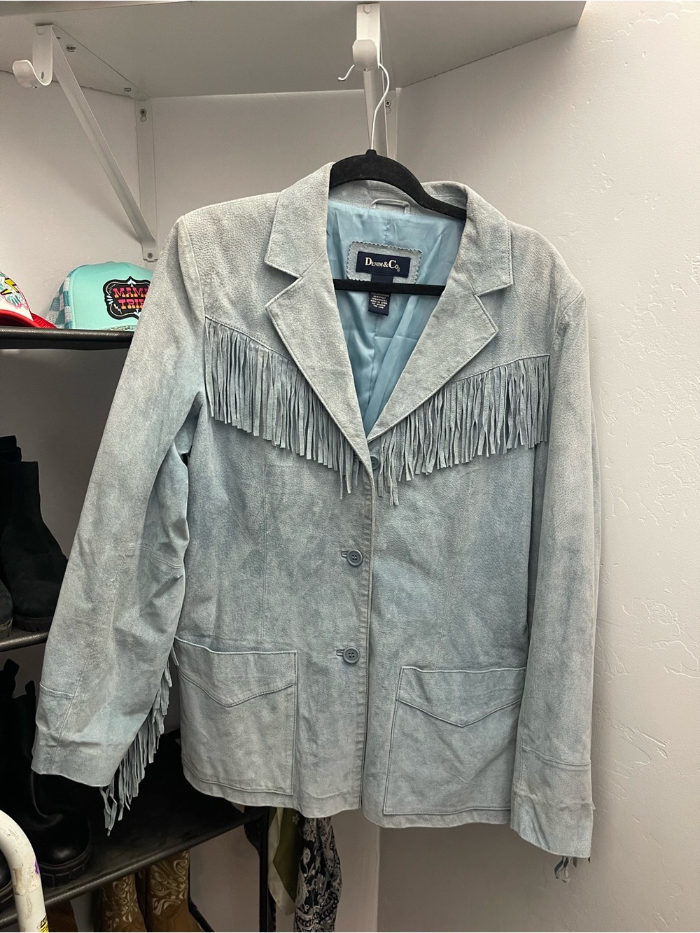 Vintage Denim&Co Light Blue 100% leather  Fringe Jacket boho western